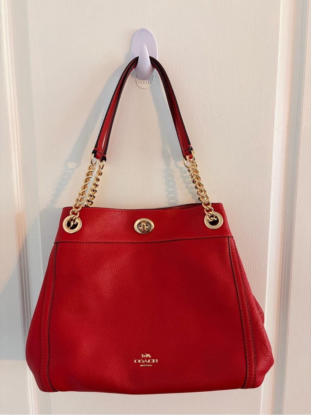 Coach Red Pebbled Leather Shoulder Bag with Gold Chain Straps